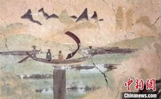 “一人搖櫓晃扁舟，兩人撐篙水上漂?！眻D為莫高窟第323窟《搖櫓帆船》（初唐）?！《鼗脱芯吭汗﹫D