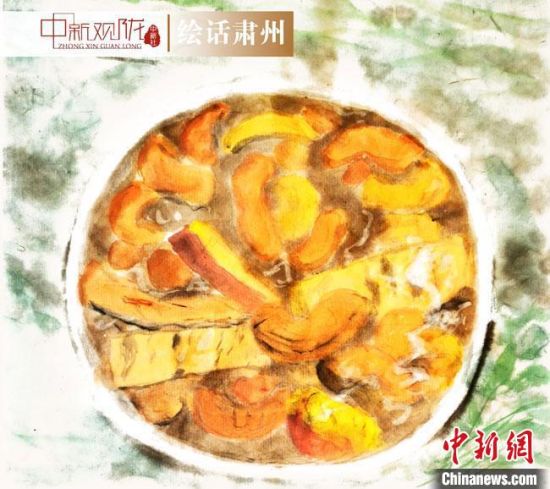圖為酒泉美食“糊鍋”繪畫作品?！《排d彥 攝
