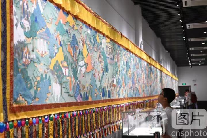 圖為一名小朋友觀(guān)看唐卡《涼州會(huì)盟》。 中新社記者 戴文昌 攝