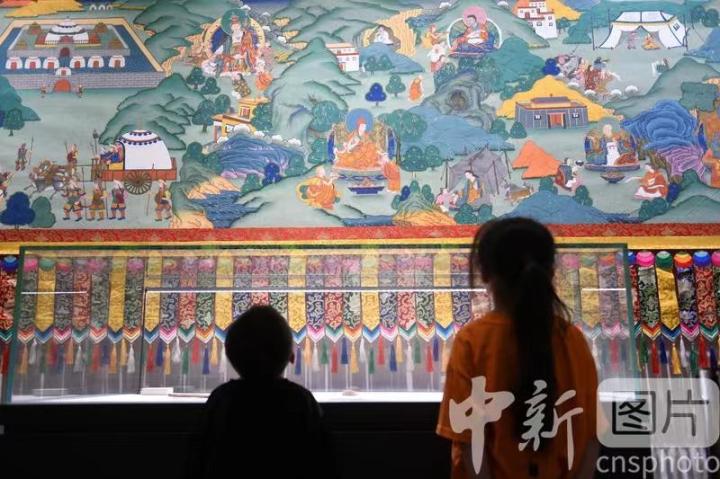 圖為觀(guān)眾參觀(guān)唐卡《涼州會(huì)盟》。 中新社記者 戴文昌 攝