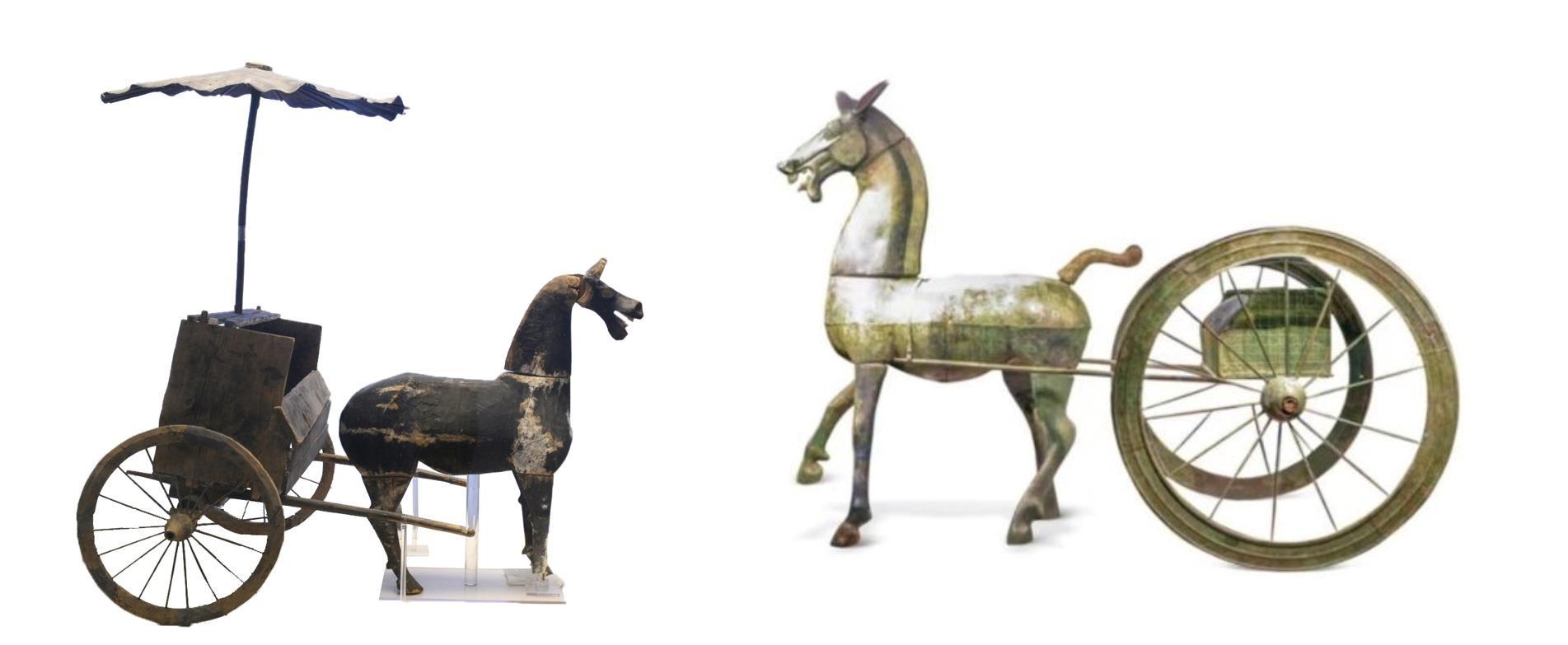 △左為漢代木軺車，藏于青海省博物館；右為東漢銅車馬，藏于黔西南州博物館。